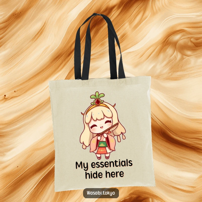 Funny tote bag with a cheeky wasabi character in traditional attire, playfully peeking from behind a folding fan, adding a fun element.